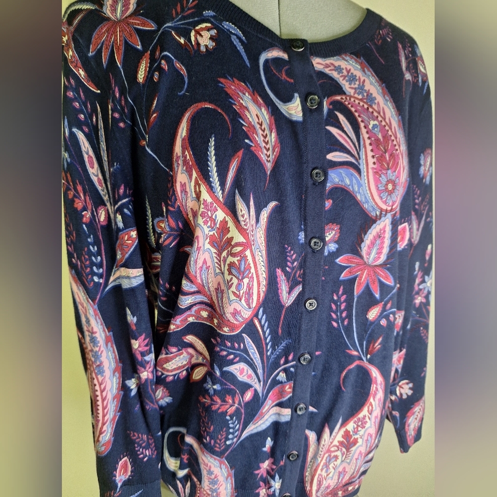 Talbots NWT  Navy Paisley Button Down Cotton Sw SweaRayon.ter.  Size PXL